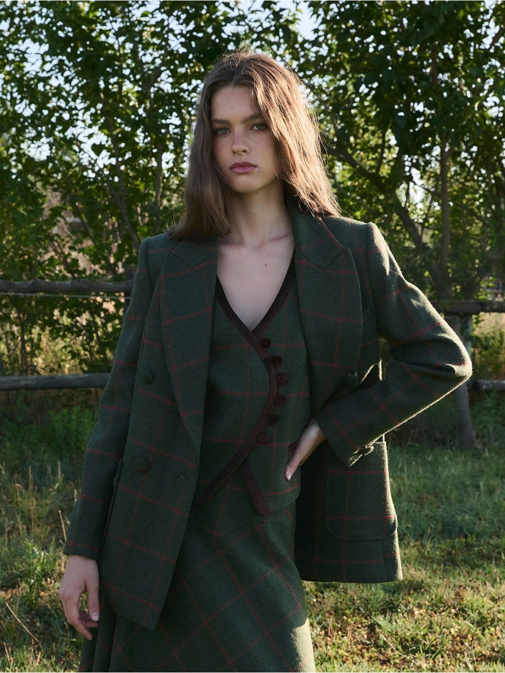 PARIS/64 Eliot Diana Check Plaid Wool Blazer Medium Olive Green